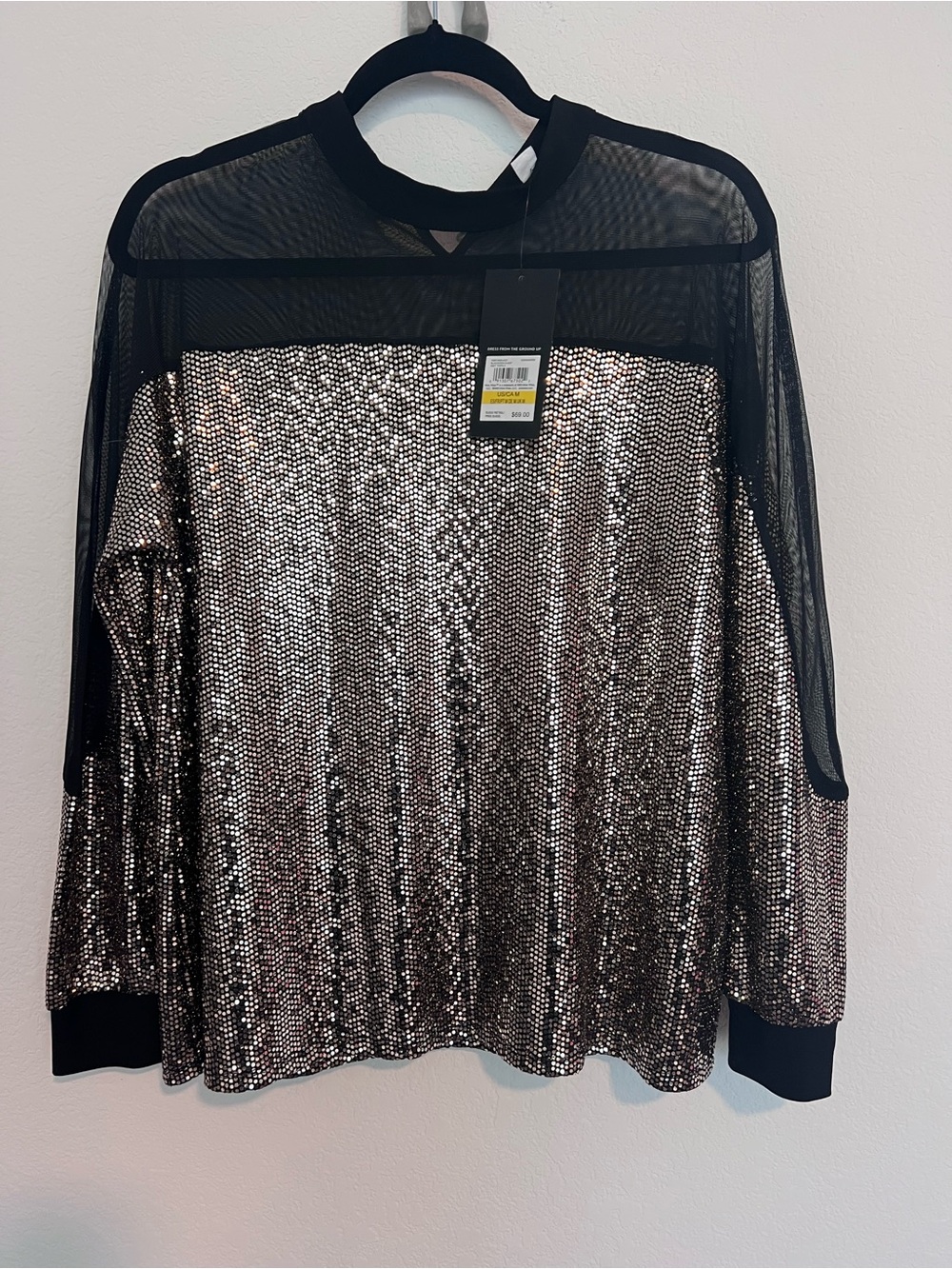 Sequin Nine West Metallic Gold Black Sheer Mesh Party Top NWT Size M mock neck